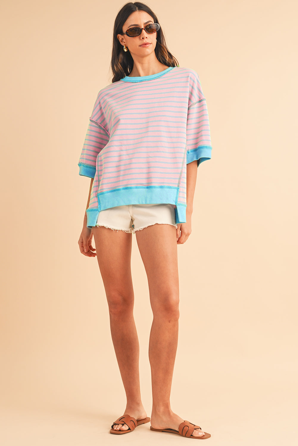 ISA | Gestreept Loose Fit T-Shirt Voor Dames Met Contrast Trim En Wijde Mouwen – Comfortabel, Casual, Stijlvol