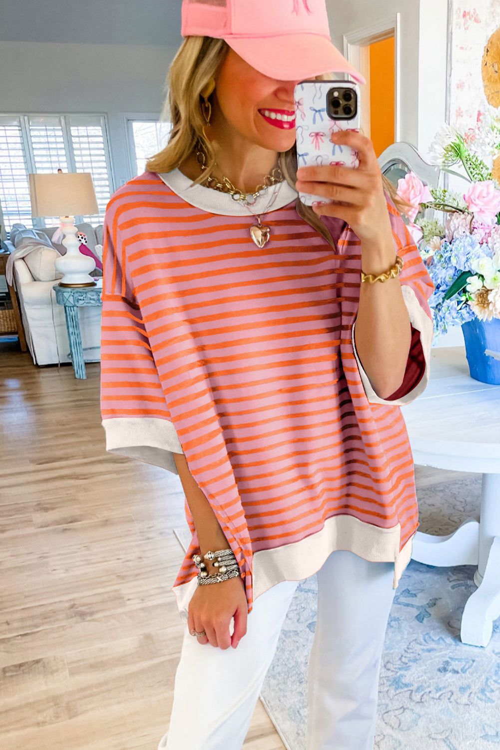 ISA | Gestreept Loose Fit T-Shirt Voor Dames Met Contrast Trim En Wijde Mouwen – Comfortabel, Casual, Stijlvol