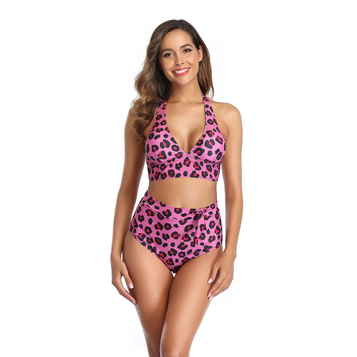 LÉONA | Elegante High Waist Bikini met Luipaardprint en Haltertop - Zomers & Comfortabel