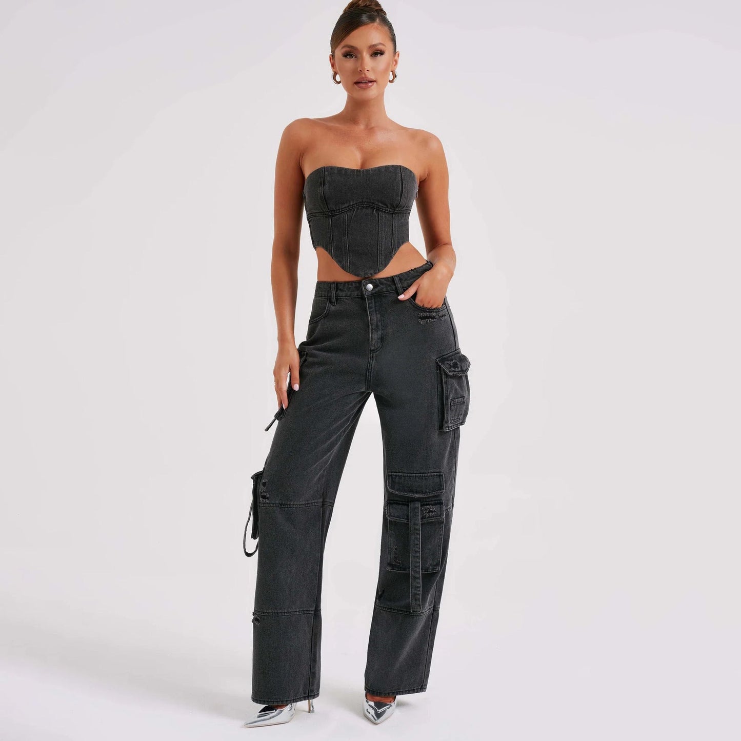 JUTTA | Relaxed Fit Cargo Jeans Voor Dames | Bijpassende Top - Stoer, Elegant & Stijlvol