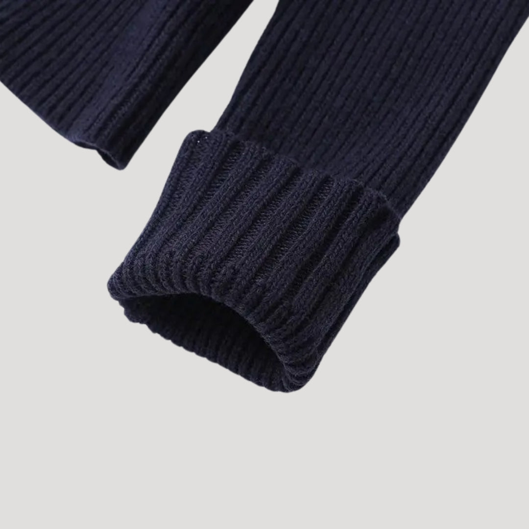 Marineblauwe Gebreide Cardigan Met Denim Afwerking | Stijlvolle Layering Must-Have