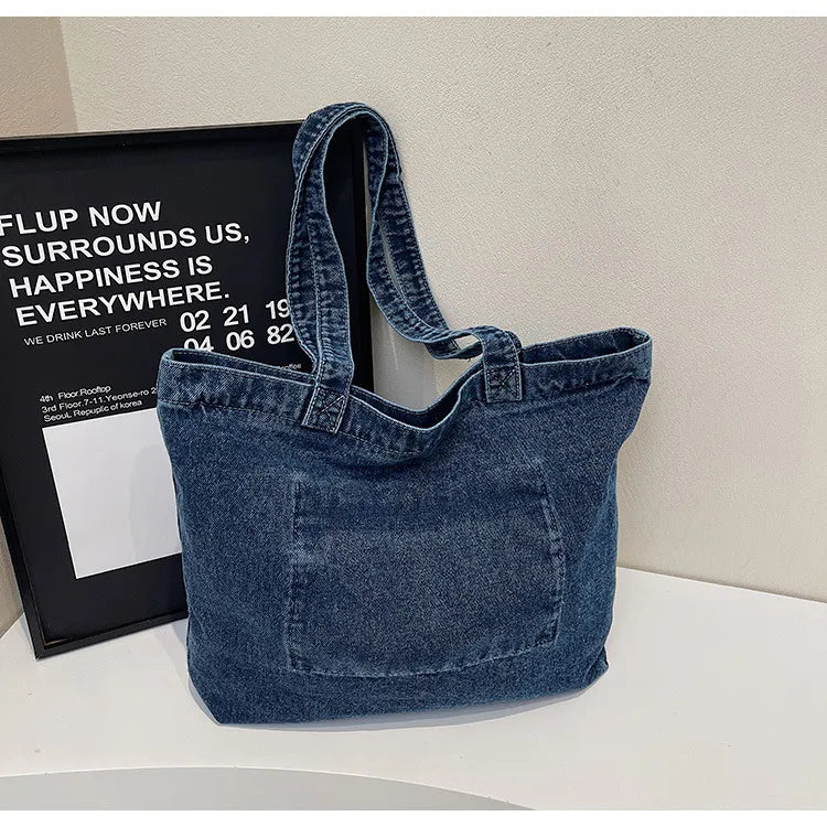 ROOS | Denim Tote Bag Voor Dames Met Voorvak En Lange Hengsels – Casual, Praktisch, Tijdloos