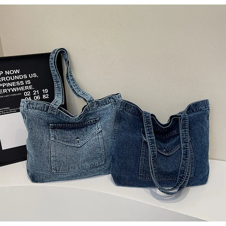 ROOS | Denim Tote Bag Voor Dames Met Voorvak En Lange Hengsels – Casual, Praktisch, Tijdloos