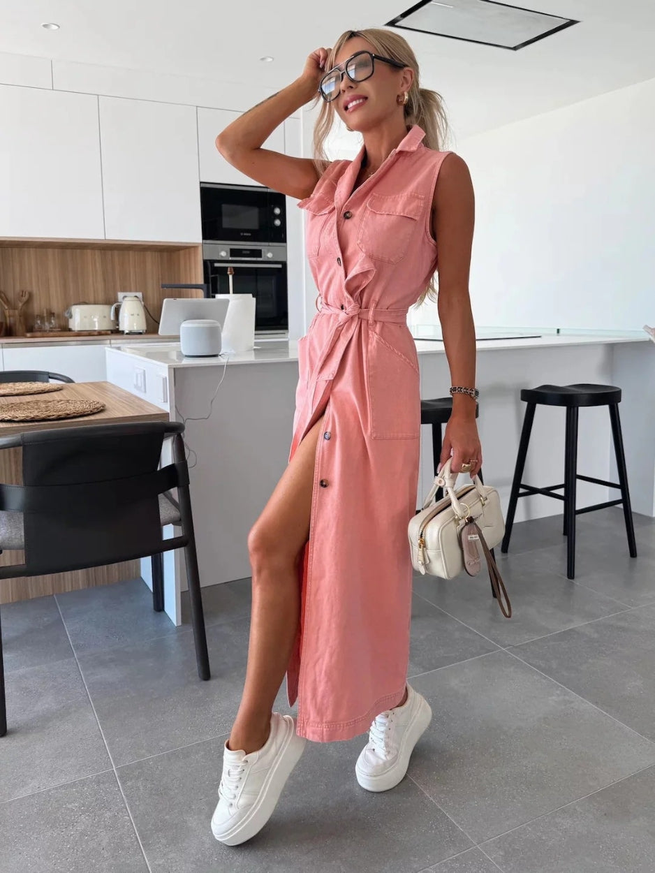 MAYA | Dames Denim Midi Jurk Zonder Mouwen – Stoer, Vrouwelijk & Perfect Voor Elke Dag