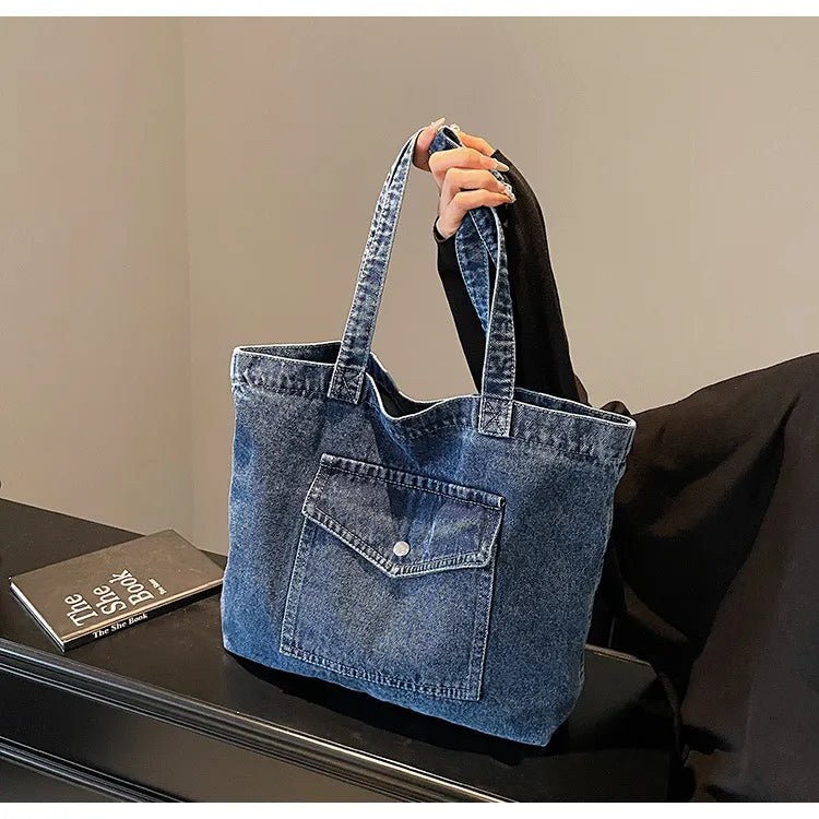 ROOS | Denim Tote Bag Voor Dames Met Voorvak En Lange Hengsels – Casual, Praktisch, Tijdloos