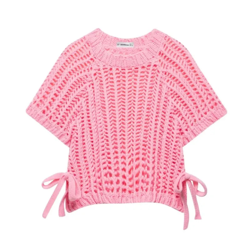 NOÉMI | Gebreide Cropped Dames Top met Strikdetails – Luchtig, Trendy & Zomers