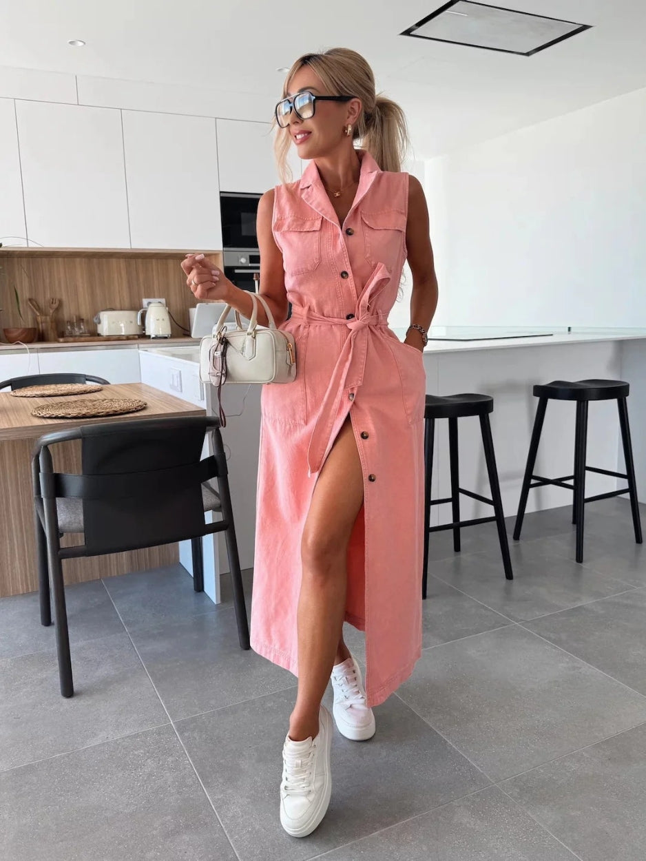 MAYA | Dames Denim Midi Jurk Zonder Mouwen – Stoer, Vrouwelijk & Perfect Voor Elke Dag