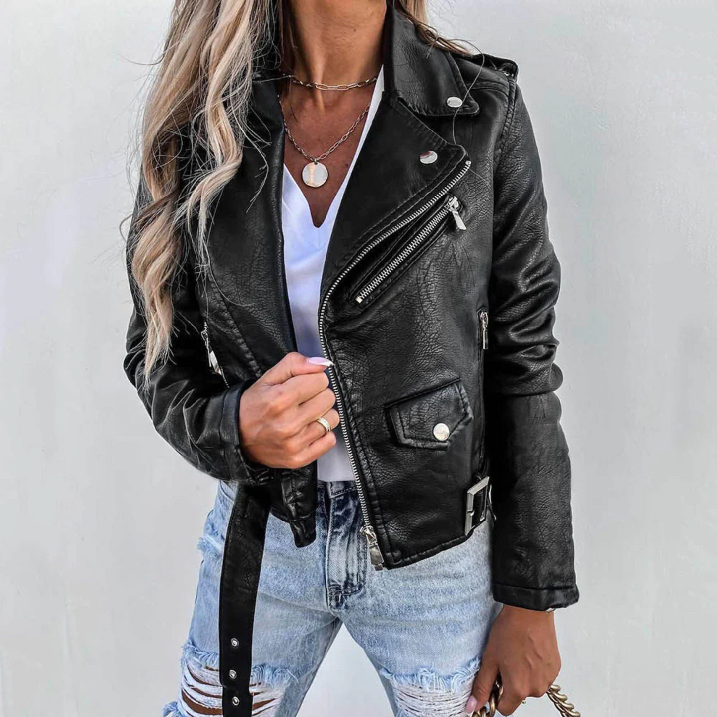 BEAUDINE | Stoere Leren Dames Jas Met Gesp & Rits Details