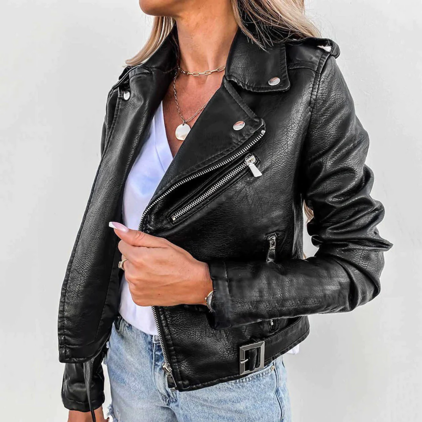BEAUDINE | Stoere Leren Dames Jas Met Gesp & Rits Details
