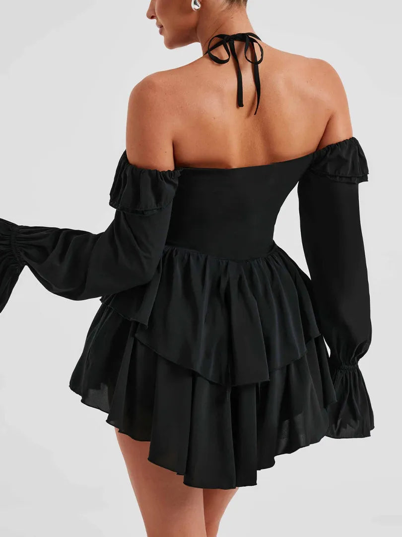 MEREL | Off-Shoulder Mini Jurk Met Ruches En Halternek – Speels, Vrouwelijk, Verleidelijk
