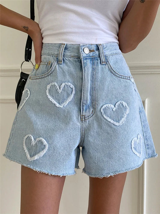 LOVI | Denim Short Voor Dames Met 3D Harten Motief - Stijlvol, Elegant & Comfortabel