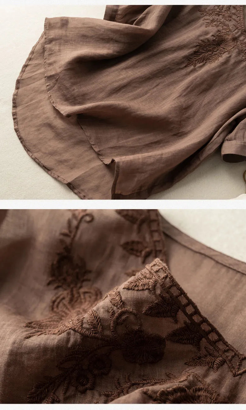 NATALIA | Geborduurde Linnen Dames Blouse met V-Hals – Luchtig, Boho & Elegant