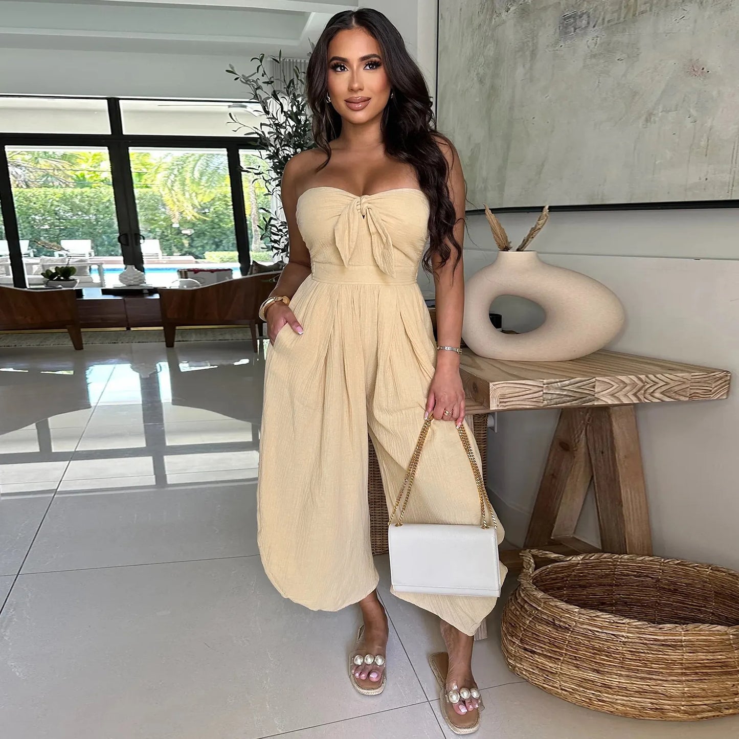 CILOU | Tijdloos Strapless Jumpsuit Voor Dames Met Strik & Wijde Pijpen - Elegant & Comfort