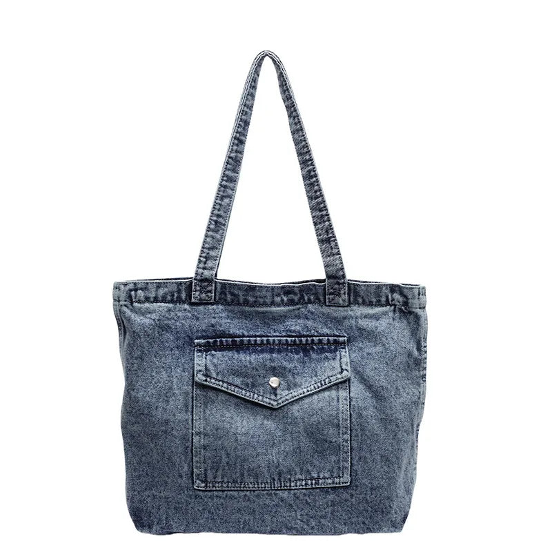 ROOS | Denim Tote Bag Voor Dames Met Voorvak En Lange Hengsels – Casual, Praktisch, Tijdloos