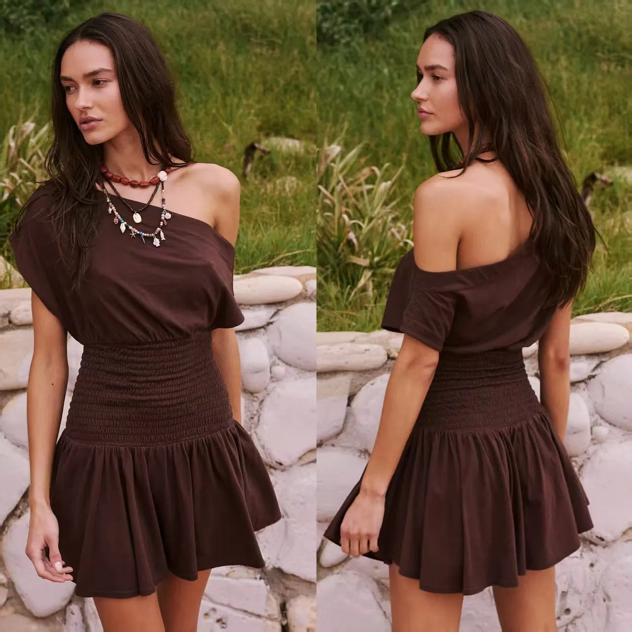 ELINA | Korte Katoenen Zomerjurk Met Off-Shoulder En Elastische Taille – Luchtig, Casual, Comfortabel