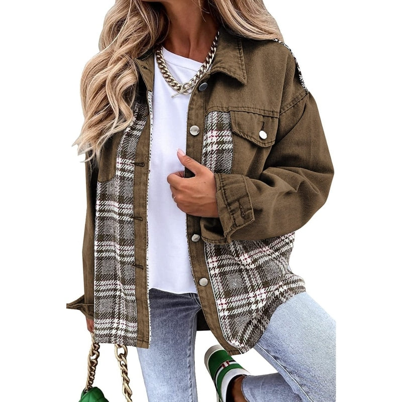 NINA | Dames Denim Jack Met Geruit Detail – Stoer, Vrouwelijk & Perfect Voor Elke Dag