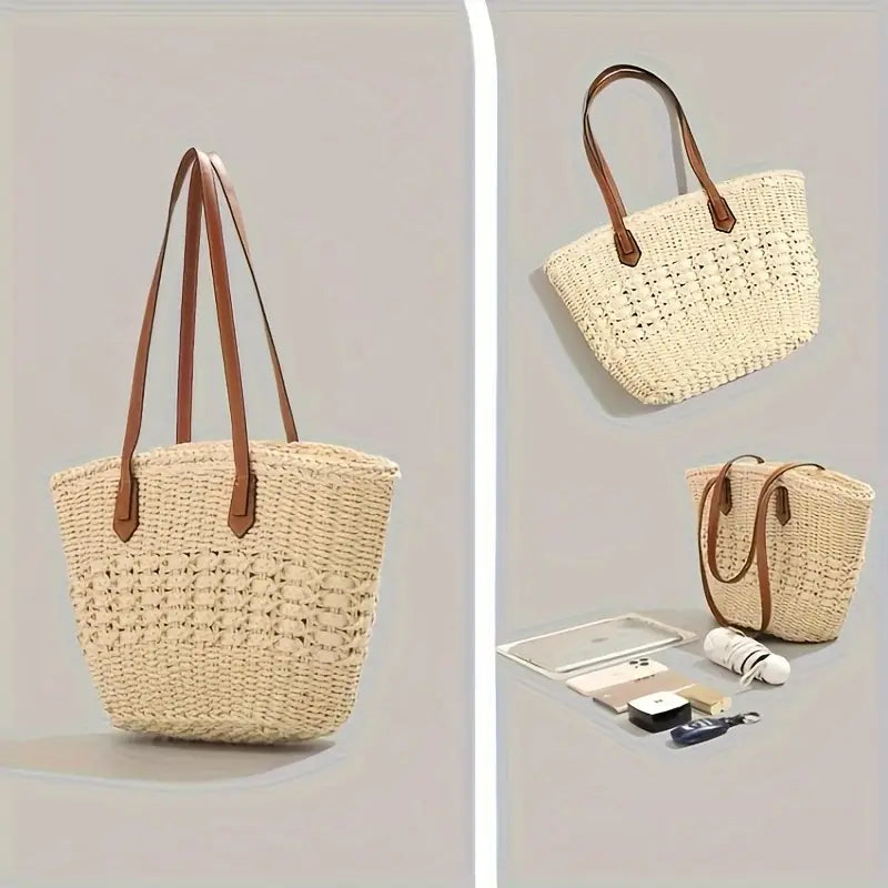 LIV | Gevlochten Strandtas Met Leren Details – Ruim, Stijlvol & Onmisbaar Deze Zomer