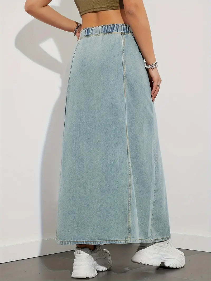 JOLENE | Denim Maxi A-Lijn Rok met Lace Design