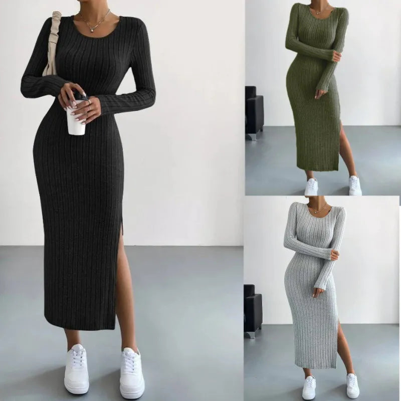 MAREN | Winter Gebreide Midi-Jurk Met Lange Mouwen & Zijsplit – Warm, Stijlvol & Flatterend