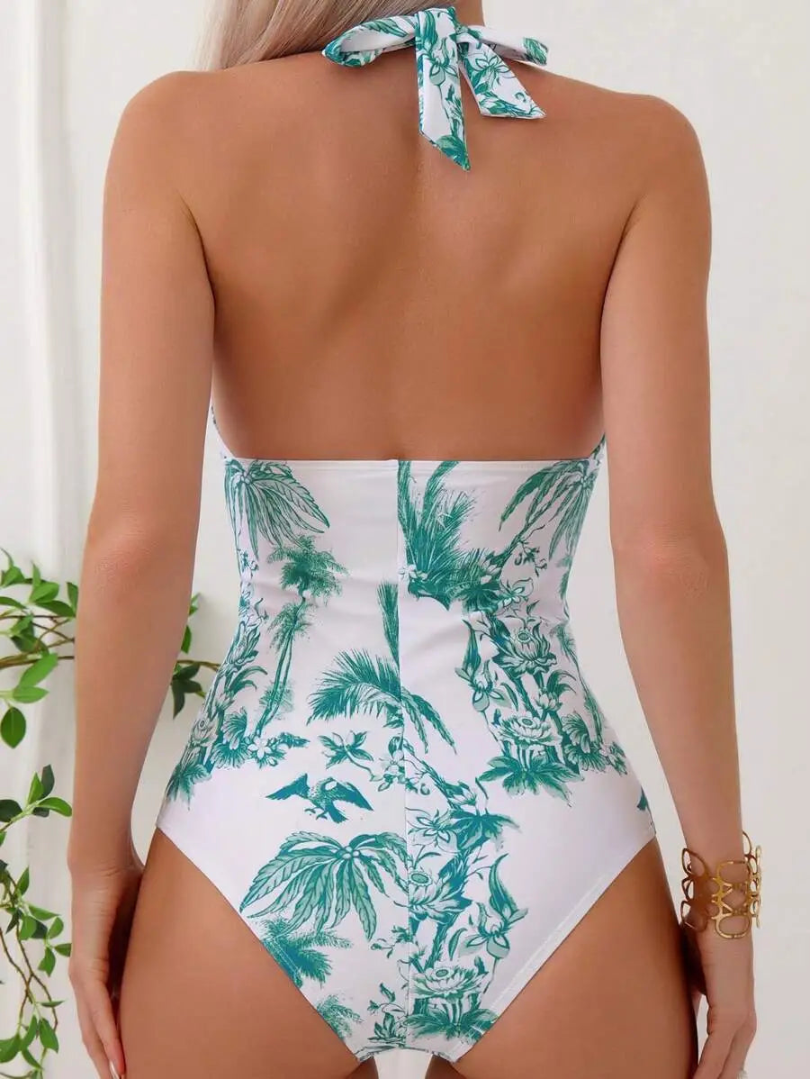 LISSY | Corrigerend Dames Halterbadpak Met Tropische Palm Print – Flatterend, Comfortabel & Ideaal Voor Zomerzon