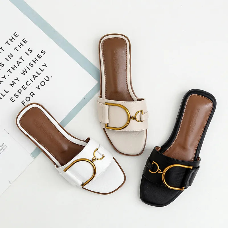 YUNA | Minimalistische Lederen Dames Slippers met Goudaccent - Luxe, Elegant & Comfortabel
