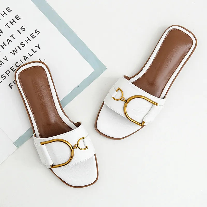 YUNA | Minimalistische Lederen Dames Slippers met Goudaccent - Luxe, Elegant & Comfortabel