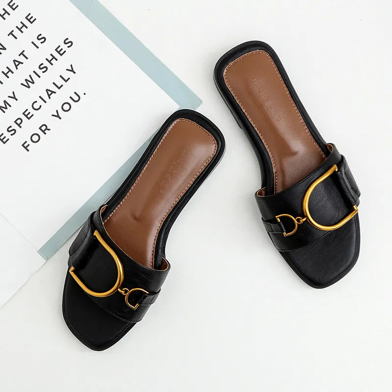 YUNA | Minimalistische Lederen Dames Slippers met Goudaccent - Luxe, Elegant & Comfortabel