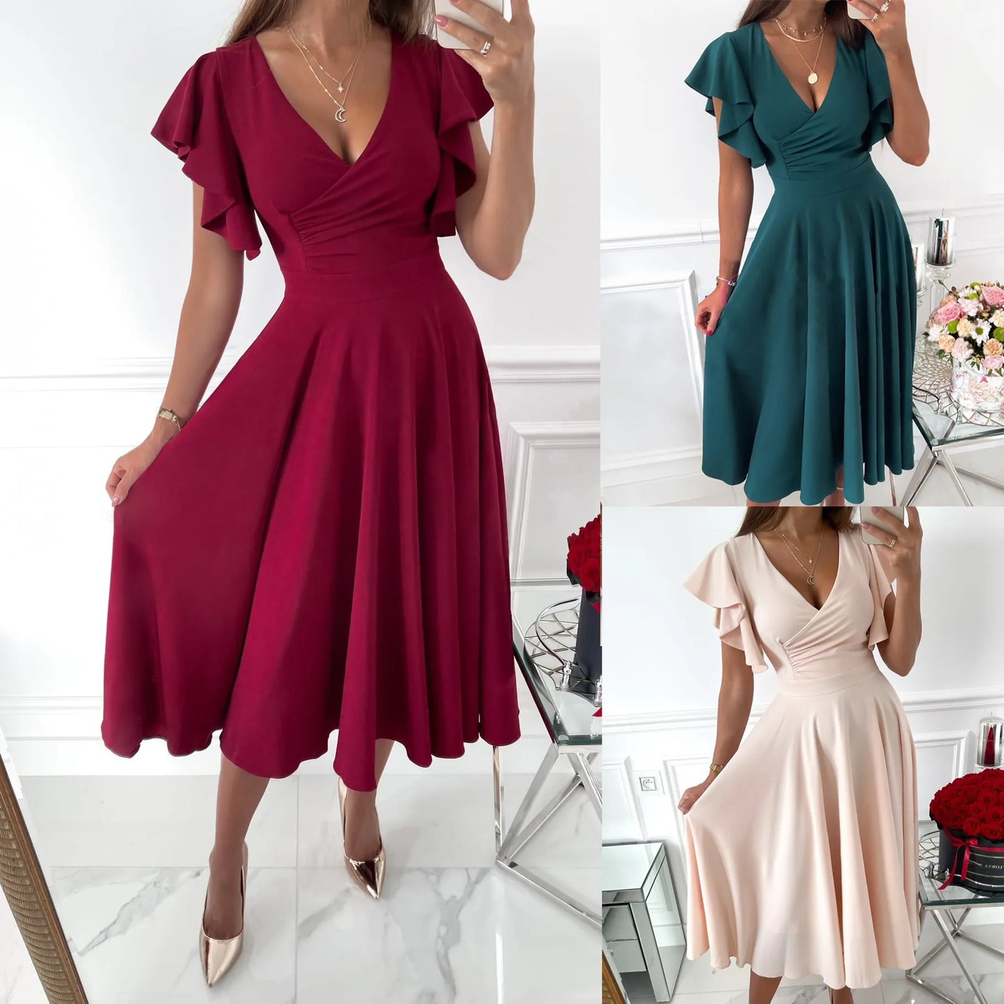 CLARISSE | Elegante Dames Midi-Jurk met Vlindermouwen & A-Lijn Pasvorm