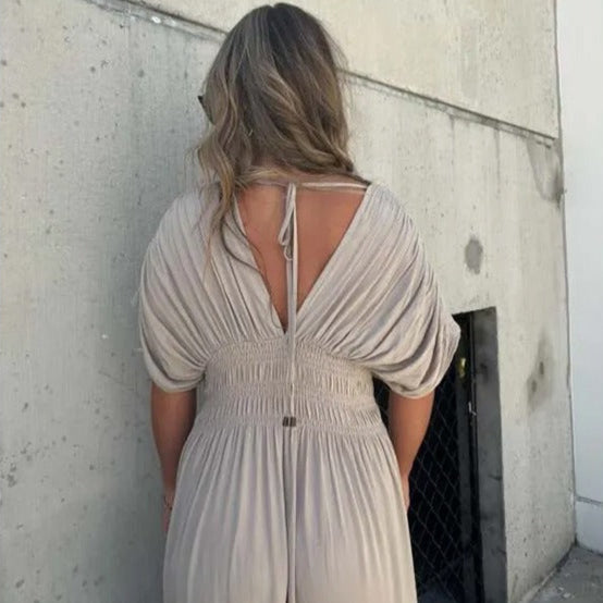 RENATA | Lange Damesjurk Met V-Hals En Gerimpelde Taille – Luchtig, Vrouwelijk, Comfortabel