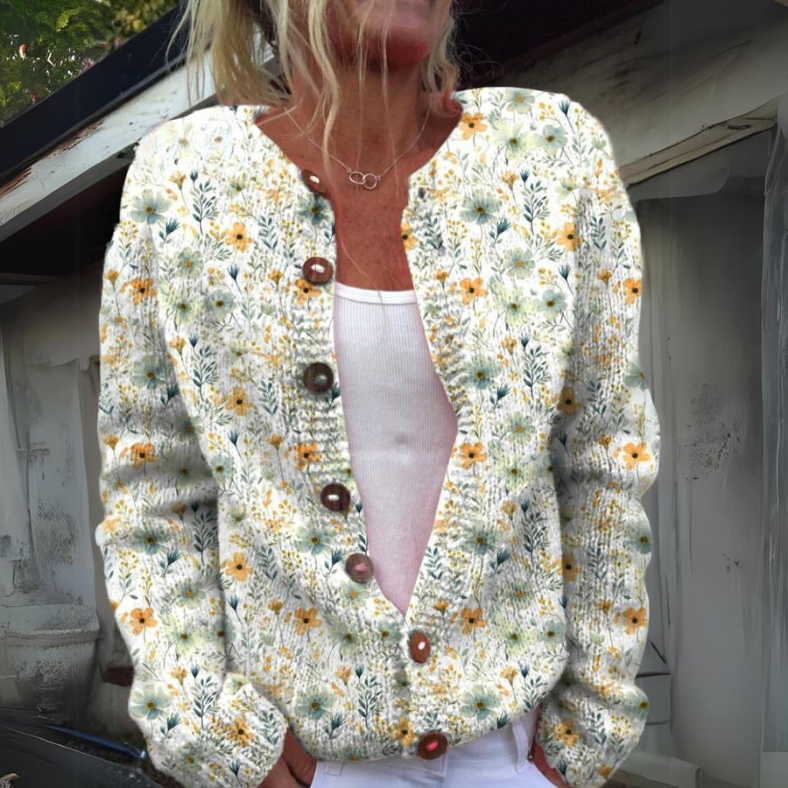 Gebloemde Cardigan Voor Dames – Warme Gebreide Trui Met Elegante Knoopdetails