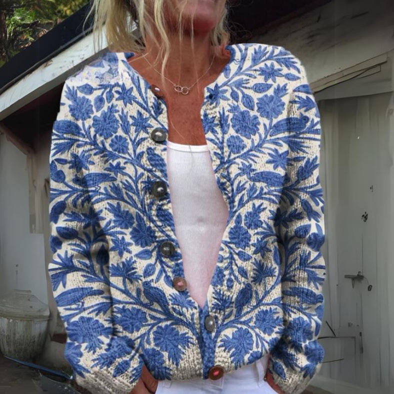 Gebloemde Cardigan Voor Dames – Warme Gebreide Trui Met Elegante Knoopdetails