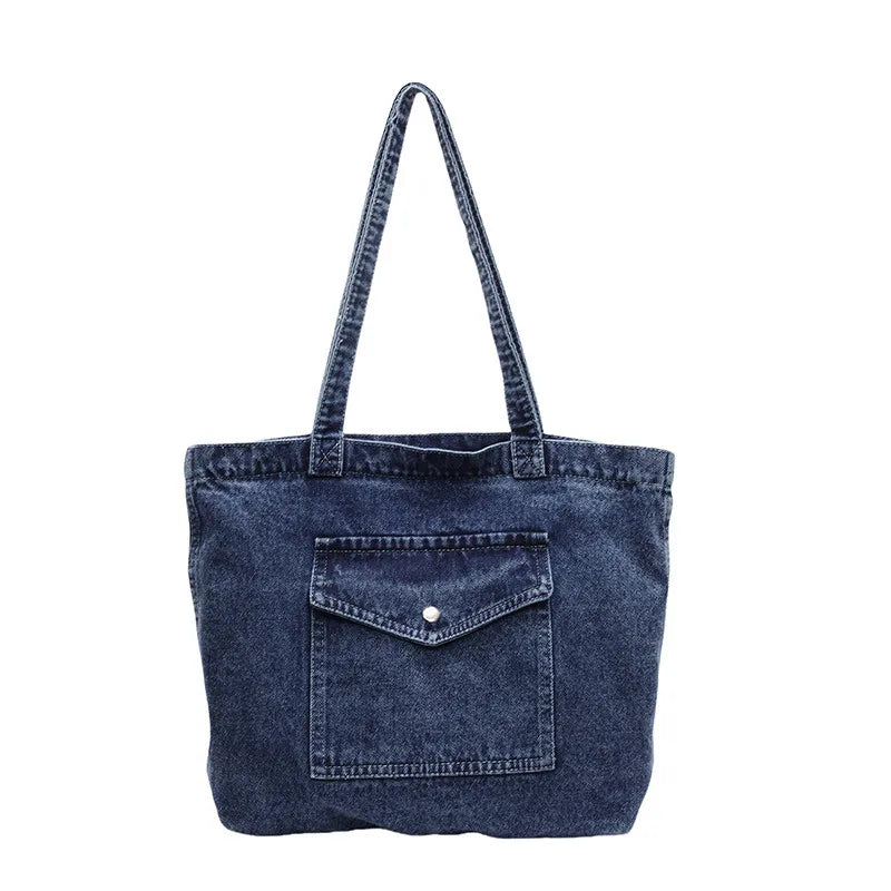 ROOS | Denim Tote Bag Voor Dames Met Voorvak En Lange Hengsels – Casual, Praktisch, Tijdloos