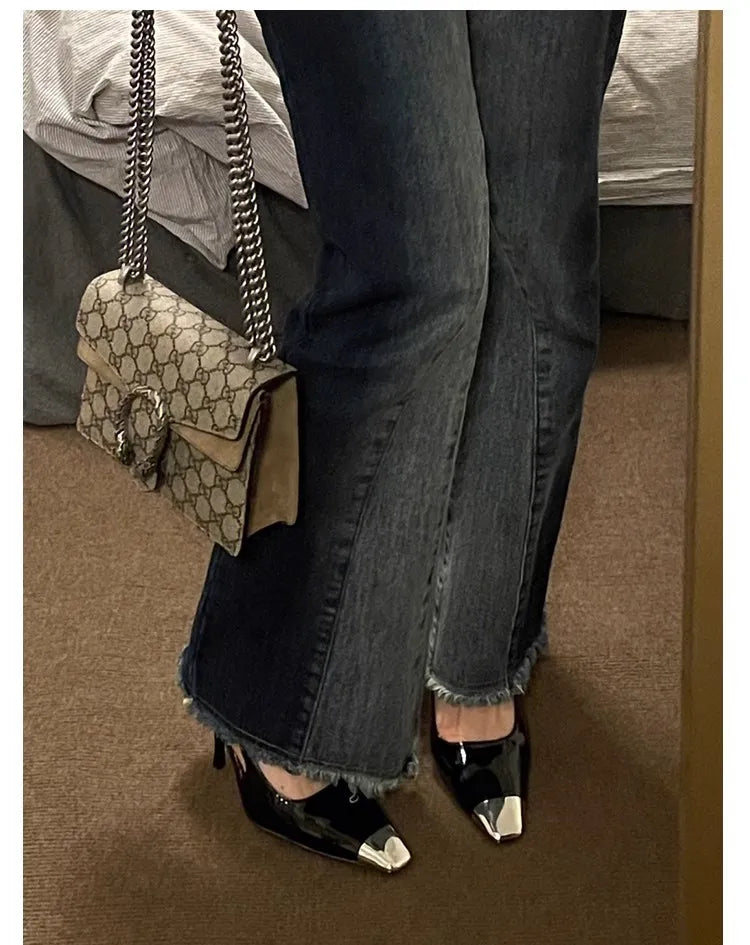 FEMKE | Slingback Hakken Van Patentleer Met Metalen Neus – Elegant, Gedurfd, Verfijnd