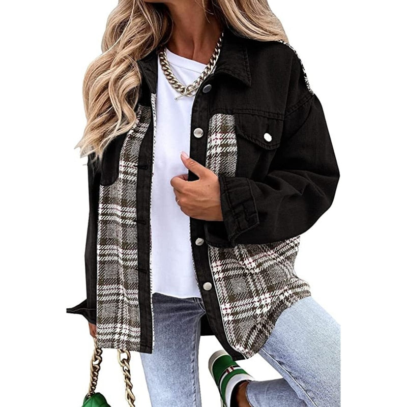 NINA | Dames Denim Jack Met Geruit Detail – Stoer, Vrouwelijk & Perfect Voor Elke Dag