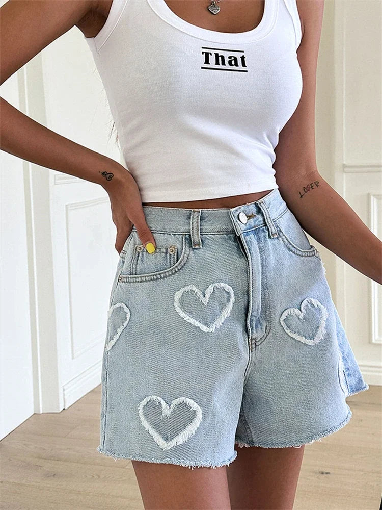 LOVI | Denim Short Voor Dames Met 3D Harten Motief - Stijlvol, Elegant & Comfortabel