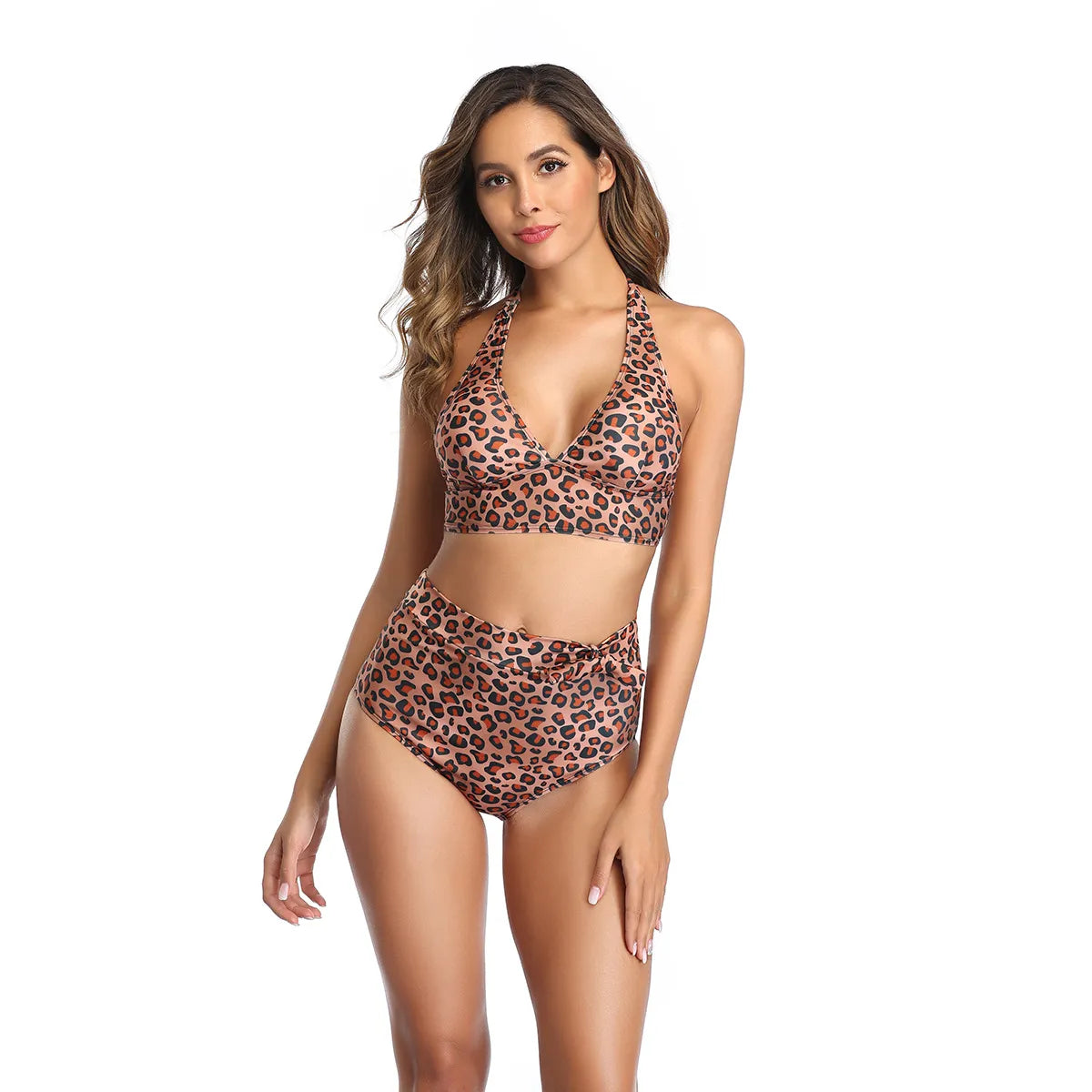 LÉONA | Elegante High Waist Bikini met Luipaardprint en Haltertop - Zomers & Comfortabel