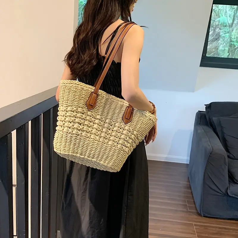 LIV | Gevlochten Strandtas Met Leren Details – Ruim, Stijlvol & Onmisbaar Deze Zomer
