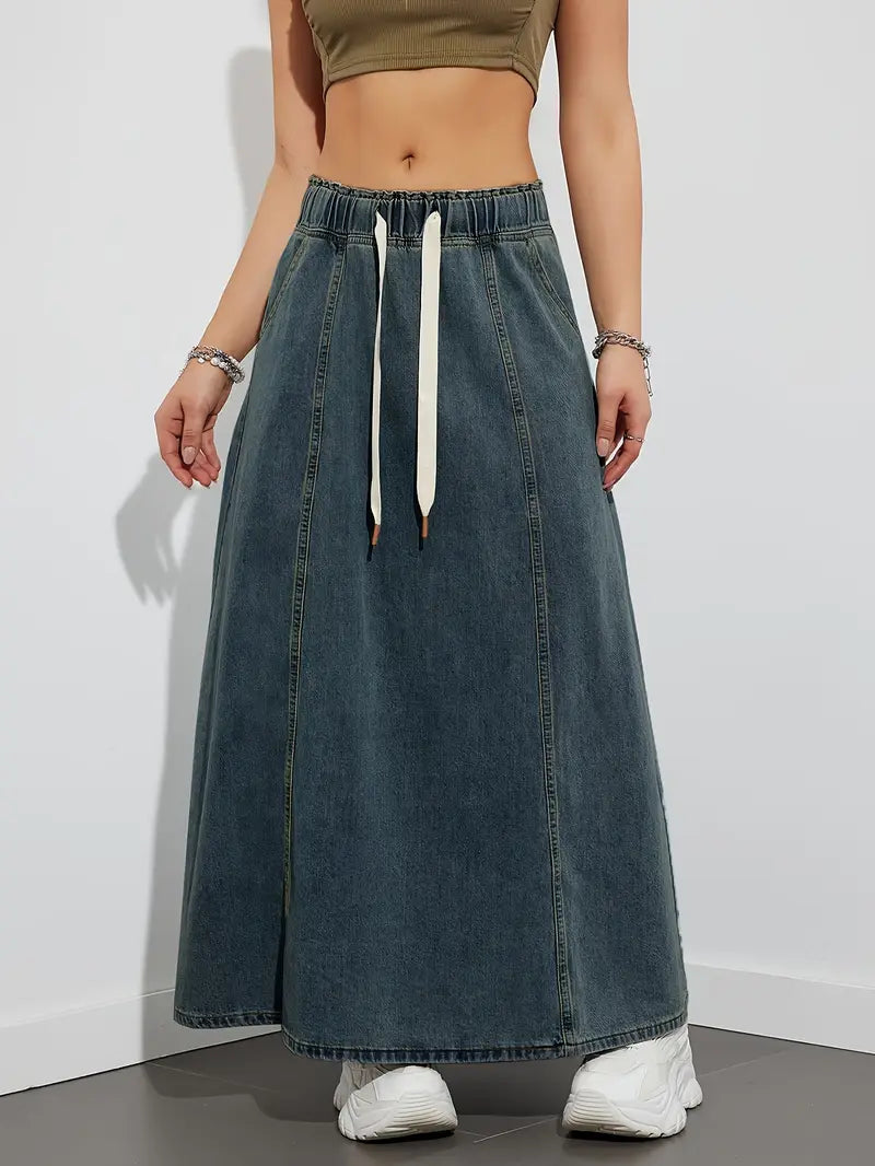 JOLENE | Denim Maxi A-Lijn Rok met Lace Design