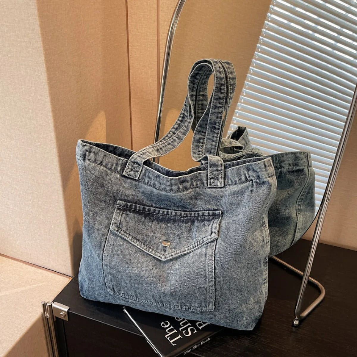ROOS | Denim Tote Bag Voor Dames Met Voorvak En Lange Hengsels – Casual, Praktisch, Tijdloos