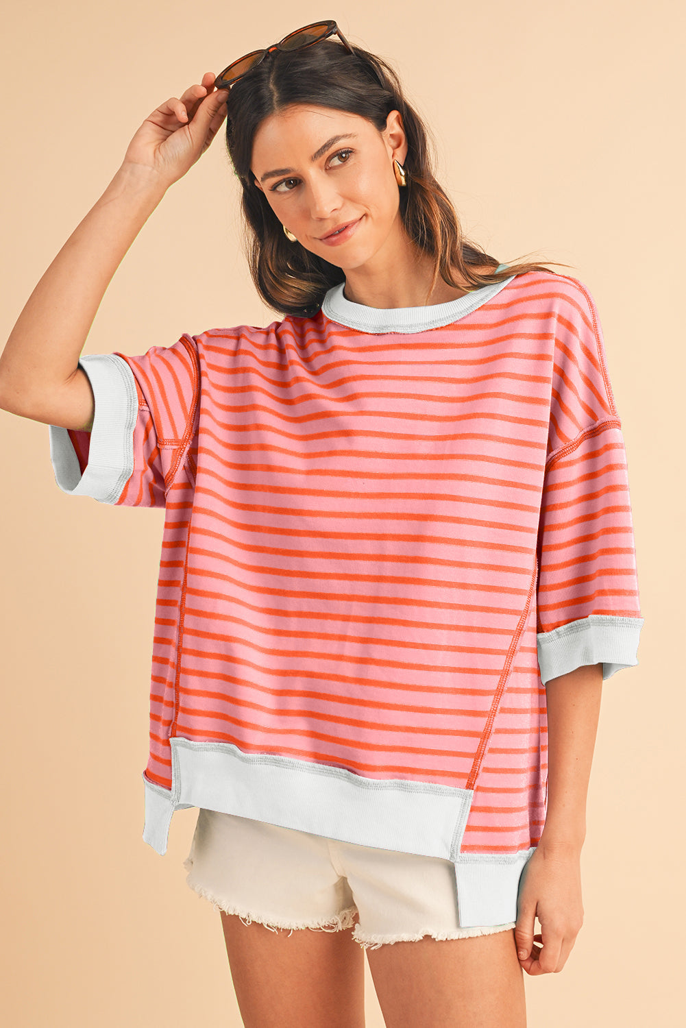 ISA | Gestreept Loose Fit T-Shirt Voor Dames Met Contrast Trim En Wijde Mouwen – Comfortabel, Casual, Stijlvol