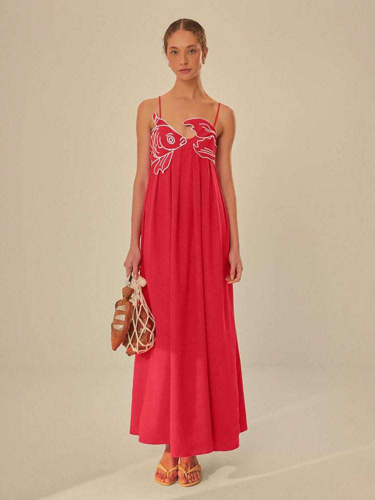 AYAKA | Linnen Maxi Jurk Met Koi Vis Borduursel – Speels, Tropisch & Perfect Voor Zomerse Dagen