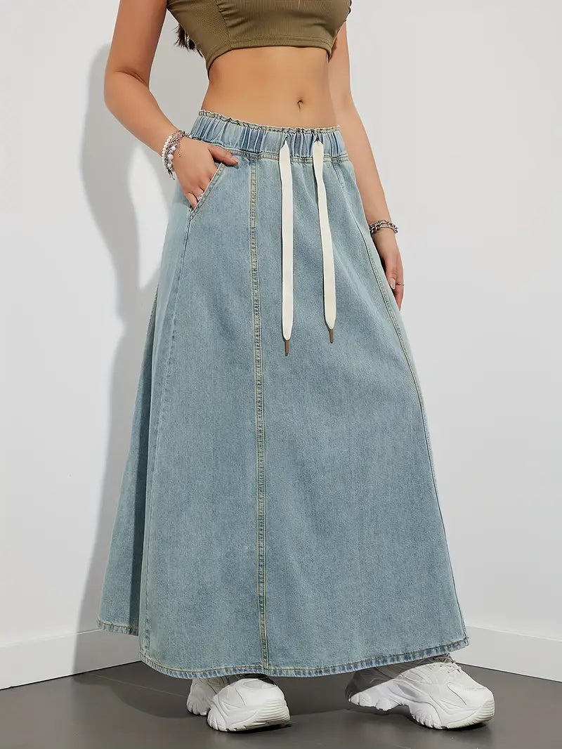 JOLENE | Denim Maxi A-Lijn Rok met Lace Design
