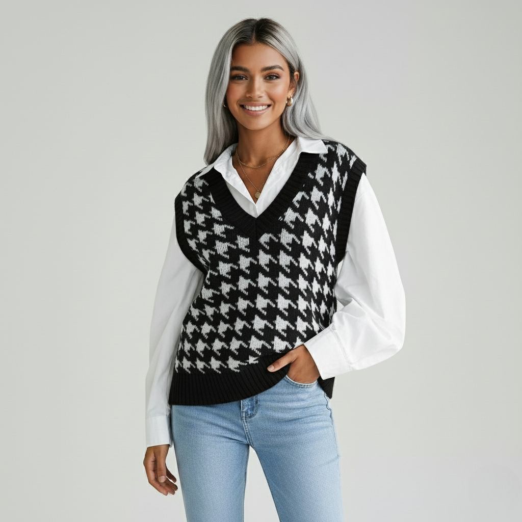 Dames Geruite Gebreide Vest-Top – Tijdloos, Stijlvol & Perfect om te Layeren