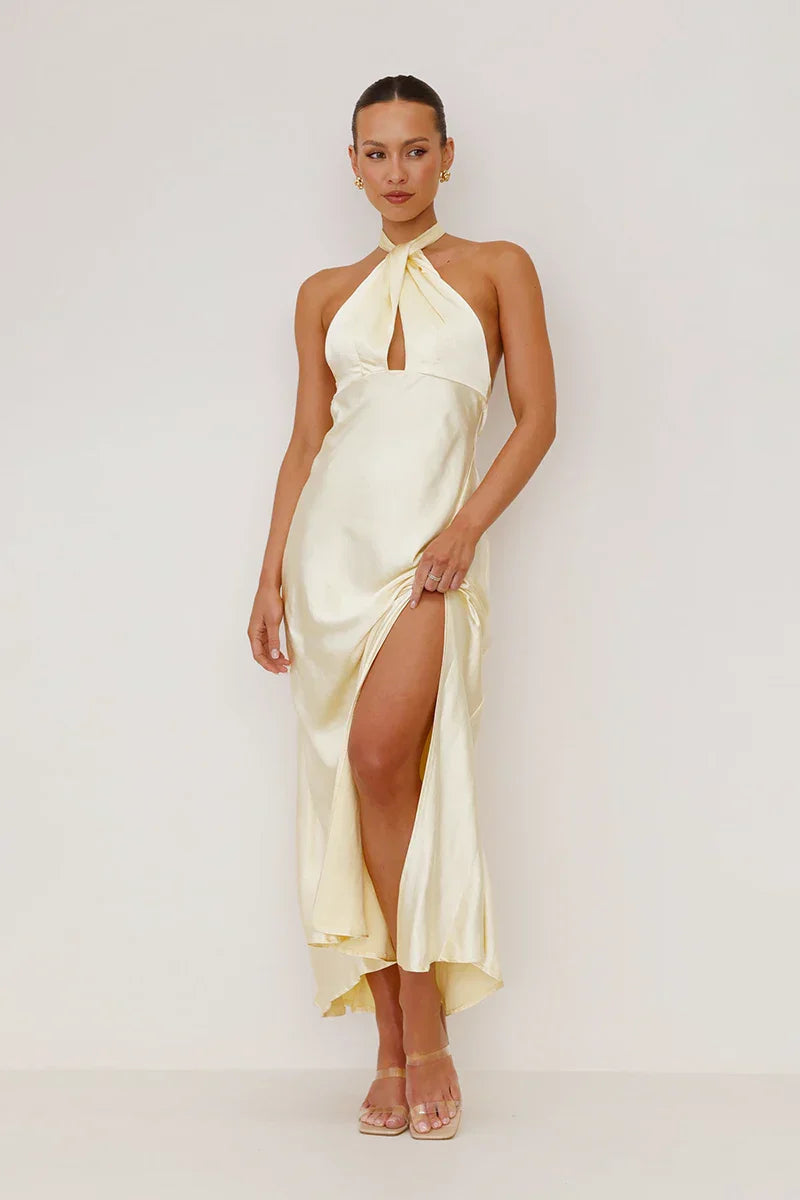 AMALIA | Elegante Gele Maxi Jurk met Halternek Voor Dames en Cut-Out Detail