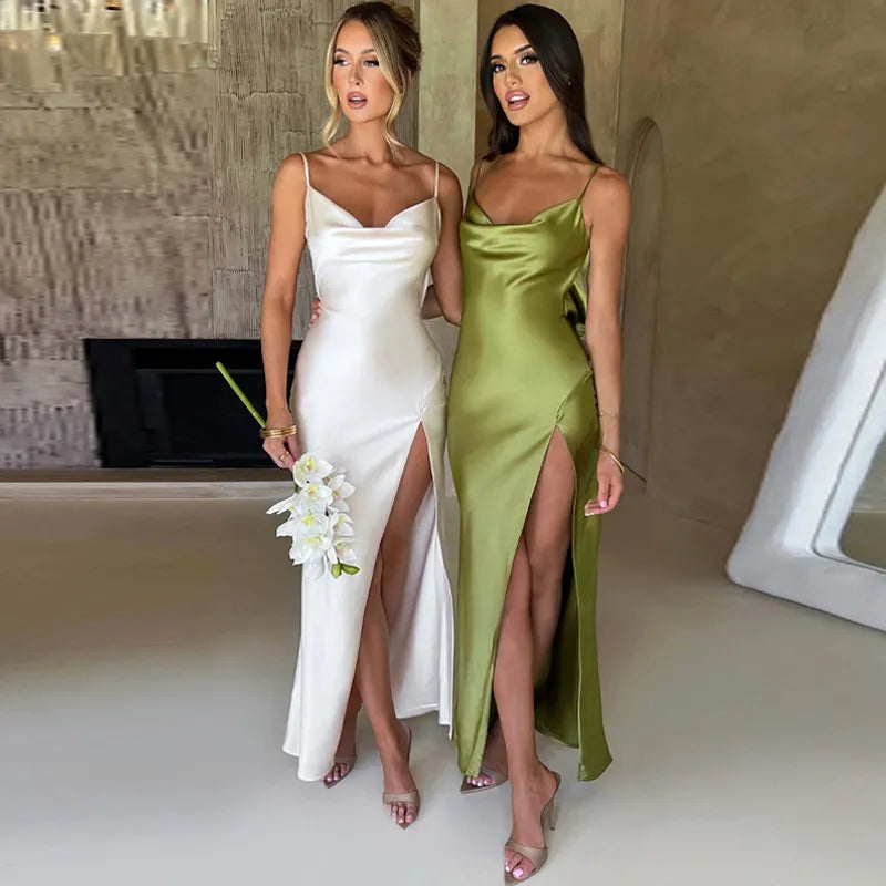 CAMILA | Luxe Satijnen Jurk Met Open Rug & Split - Chic, Elegant & Tijdloos