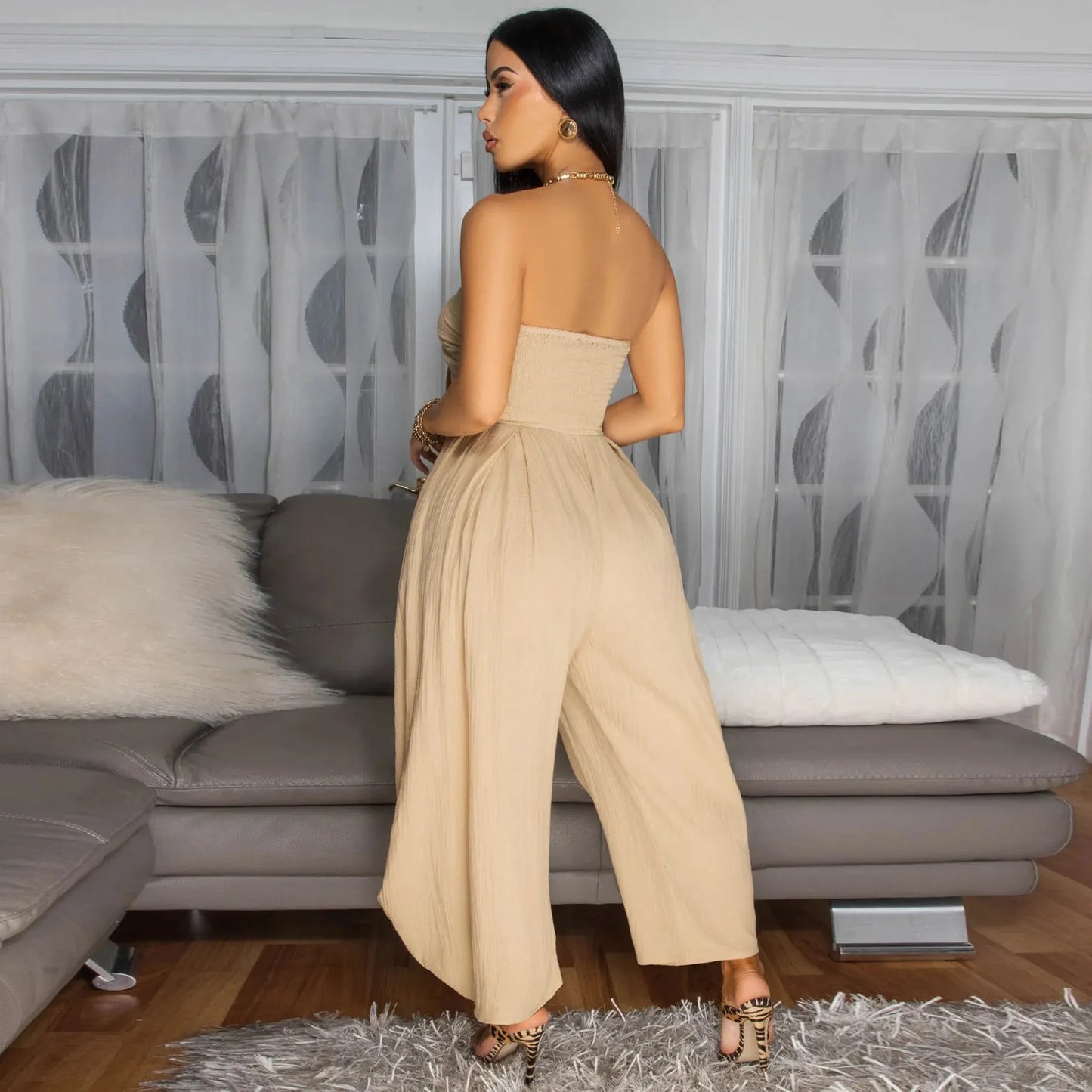 CILOU | Tijdloos Strapless Jumpsuit Voor Dames Met Strik & Wijde Pijpen - Elegant & Comfort