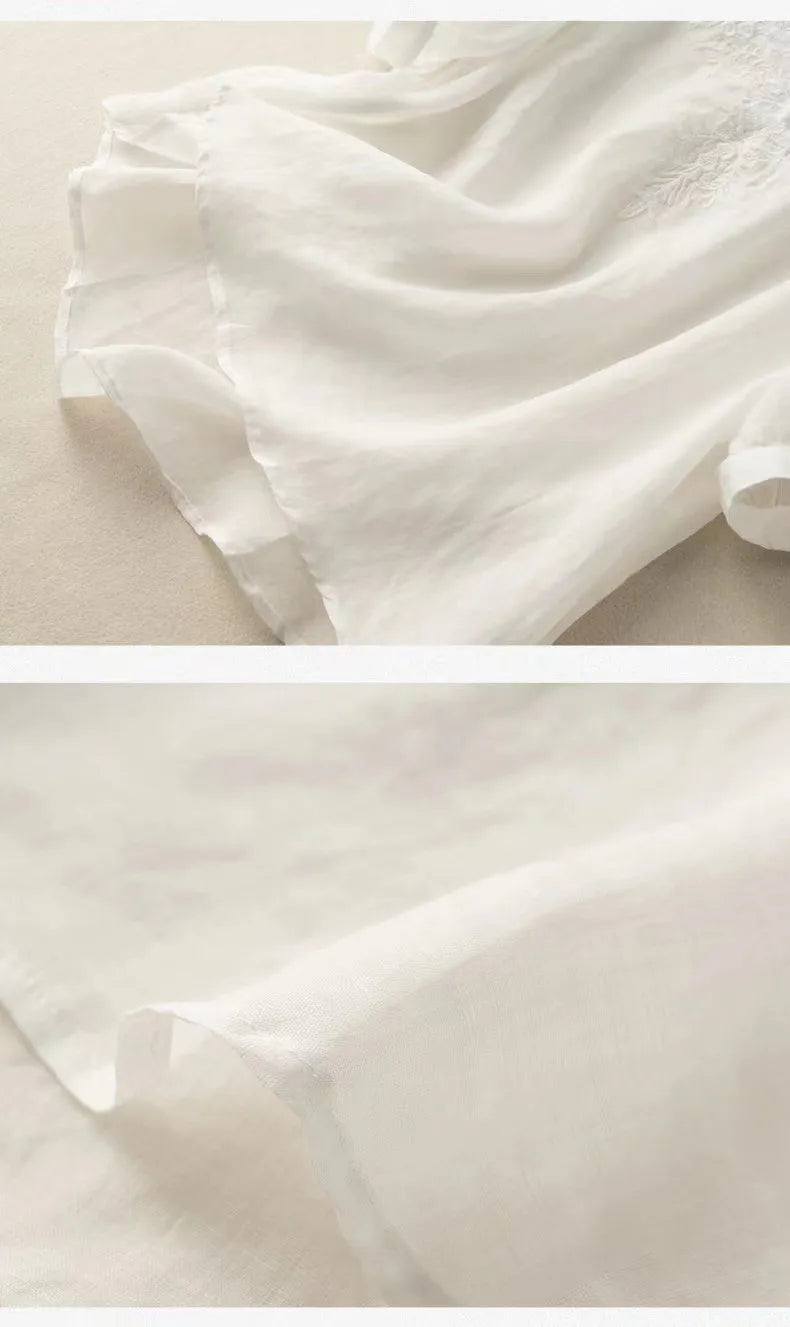 NATALIA | Geborduurde Linnen Dames Blouse met V-Hals – Luchtig, Boho & Elegant