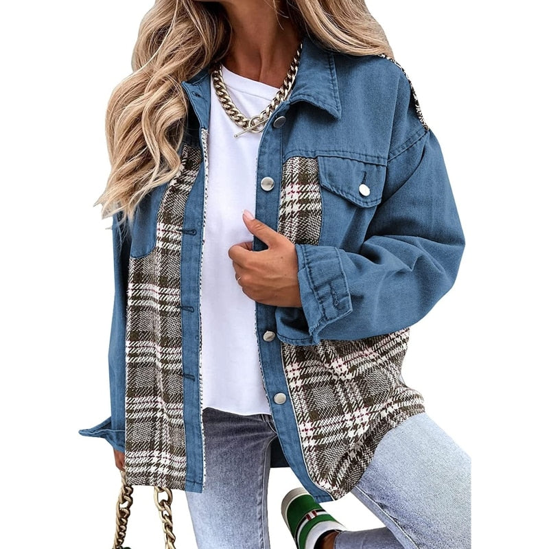 NINA | Dames Denim Jack Met Geruit Detail – Stoer, Vrouwelijk & Perfect Voor Elke Dag