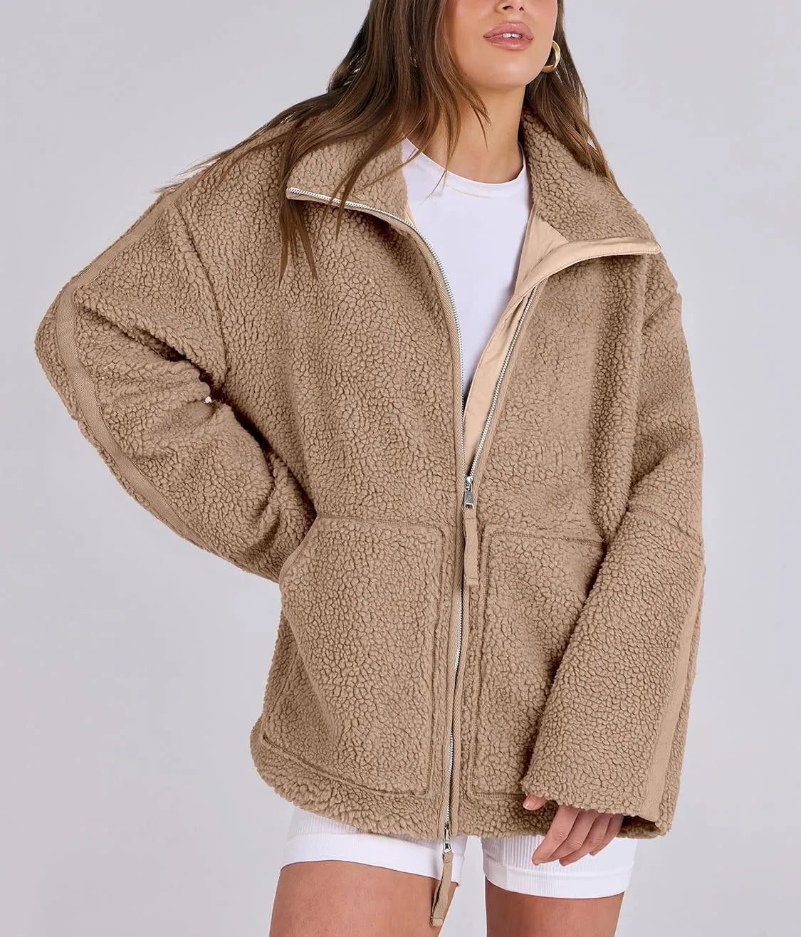 ROMY | Oversized Lamswollen Damesjas met Rits en Staande Kraag - Warm, Stijlvol & Perfect voor de Frisse Dagen