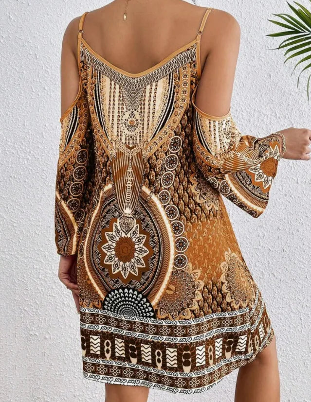 SELENA | Zomerse Dames Midi Jurk Met Unieke Print – Off-Shoulder, Spaghettibandjes, Ademend Textiel – Vrouwelijk, Luchtig, Elegant